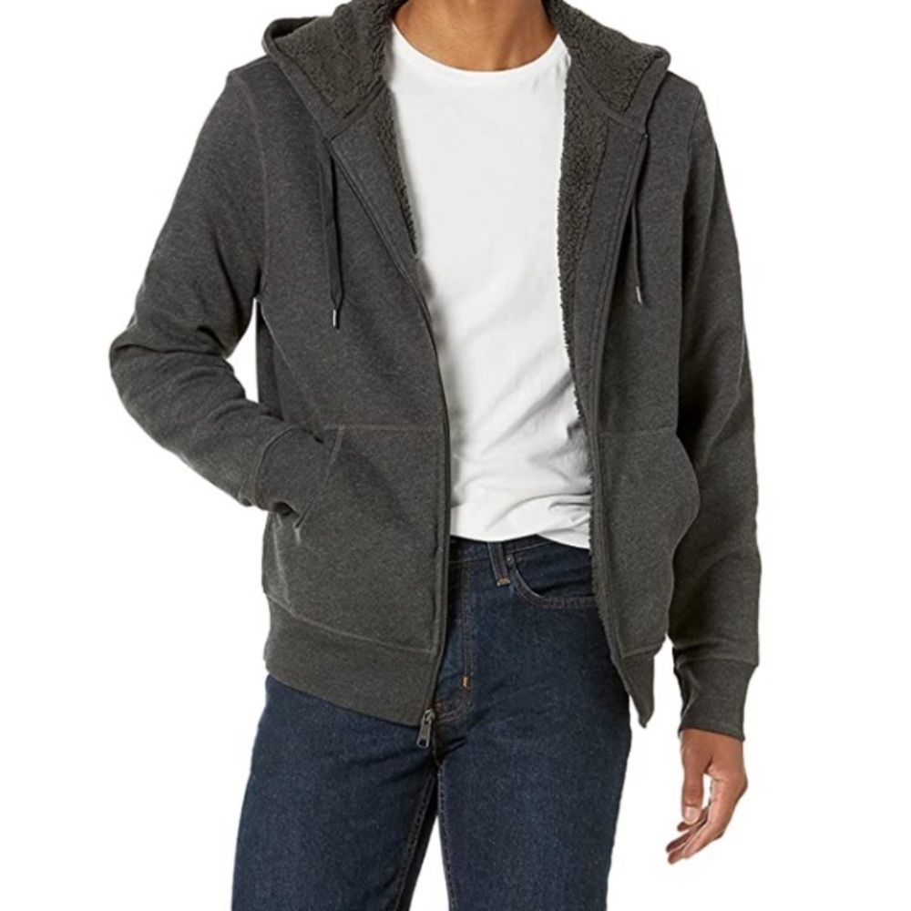 Men’s Amazon essentials Sherpa lined sweatshirt jacket hoodie gray large New